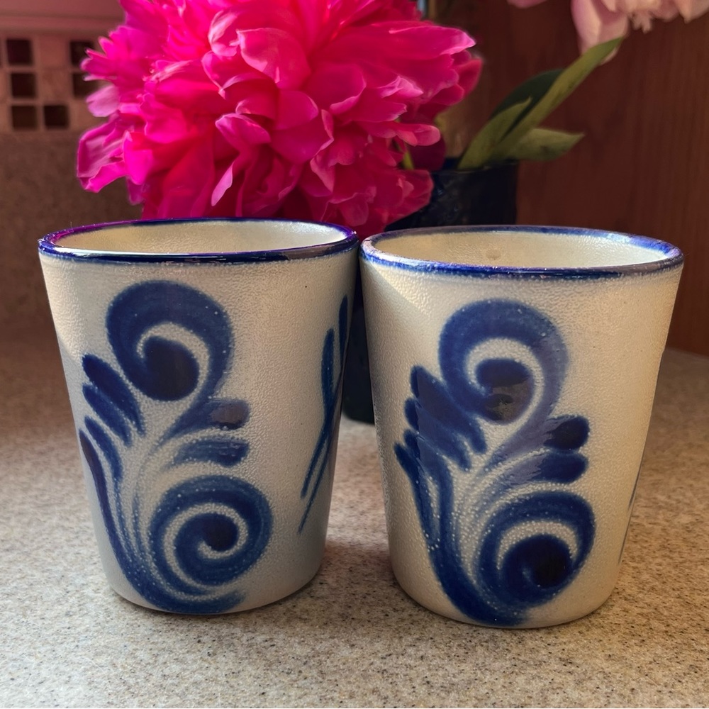 Two Vintage Salt Glazed 3.5 inch Cups - Pottery with Cobalt Blue Design
